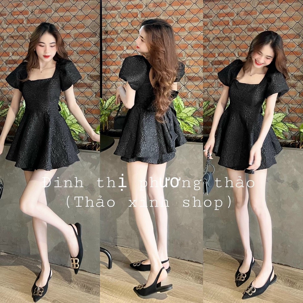 Sét bộ thời trang nữ mặc đi chơi chất gấm áo xoè cổ vuông tay ngắn mix quần đùi cá tính