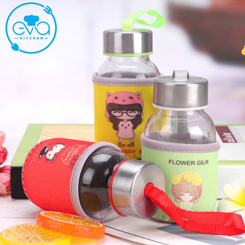 Bình Đựng Nước Thuỷ Tinh Mini Nắp Dây Xách 150 Ml Có Vỏ Bọc Vải Giữ Nhiệt In Hoạ Tiết M3040