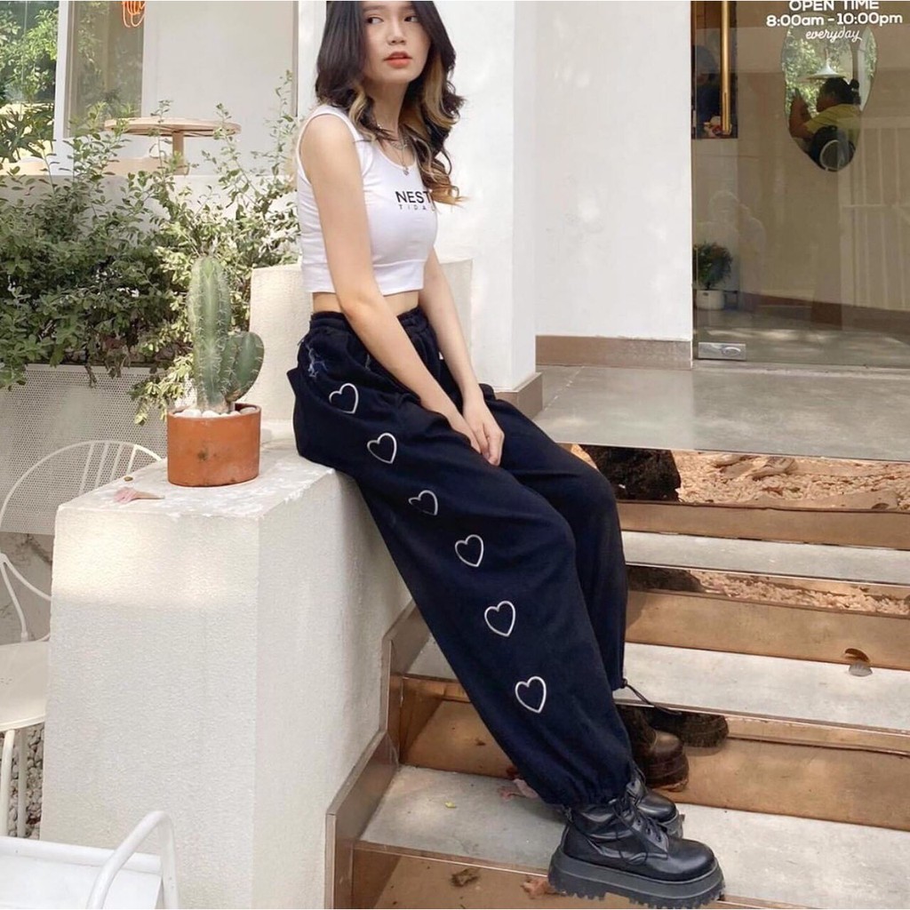 Quần Jogger Tim Cạnh Siêu Hack Chân Quần Ống Rộng Bo Gấu Ullzang Chất Nỉ Ép Dày Dặn