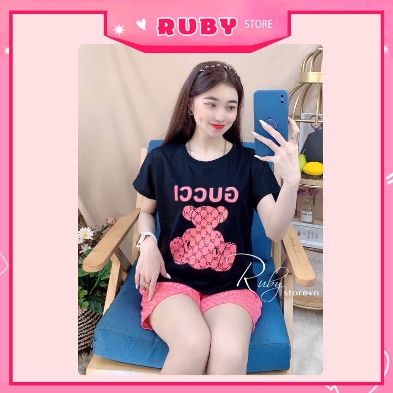 Đồ bộ nữ mặc nhà in Gấu dễ thương, chất thun mềm mịn Free Size Dưới 47KG ❤ Rubystorevn