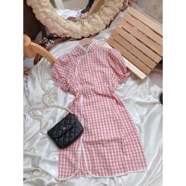 Đầm caro hồng cổ tàu , váy nữ cổ tàu siêu đẹp , váy nữ đi tiệc | BigBuy360 - bigbuy360.vn