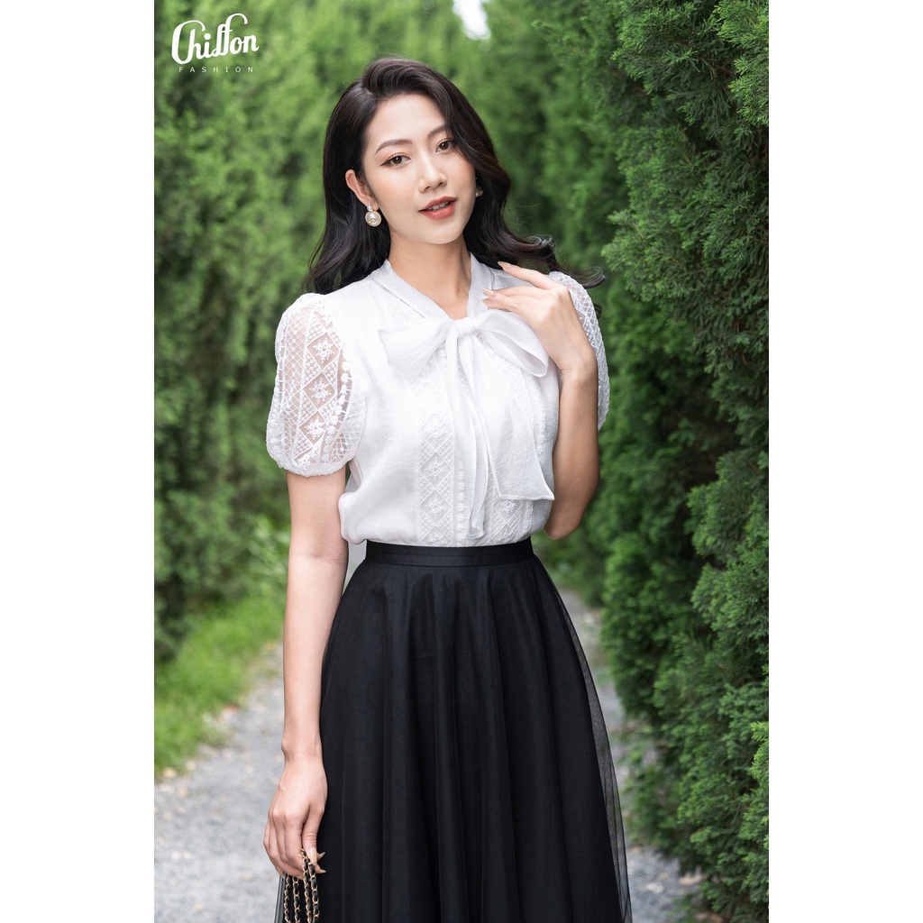 Sơ mi nữ công sở phối cổ nơ tay bồng