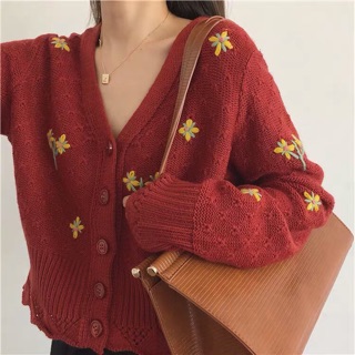 Áo cardigan hoa thêu dáng ngắn Vintage