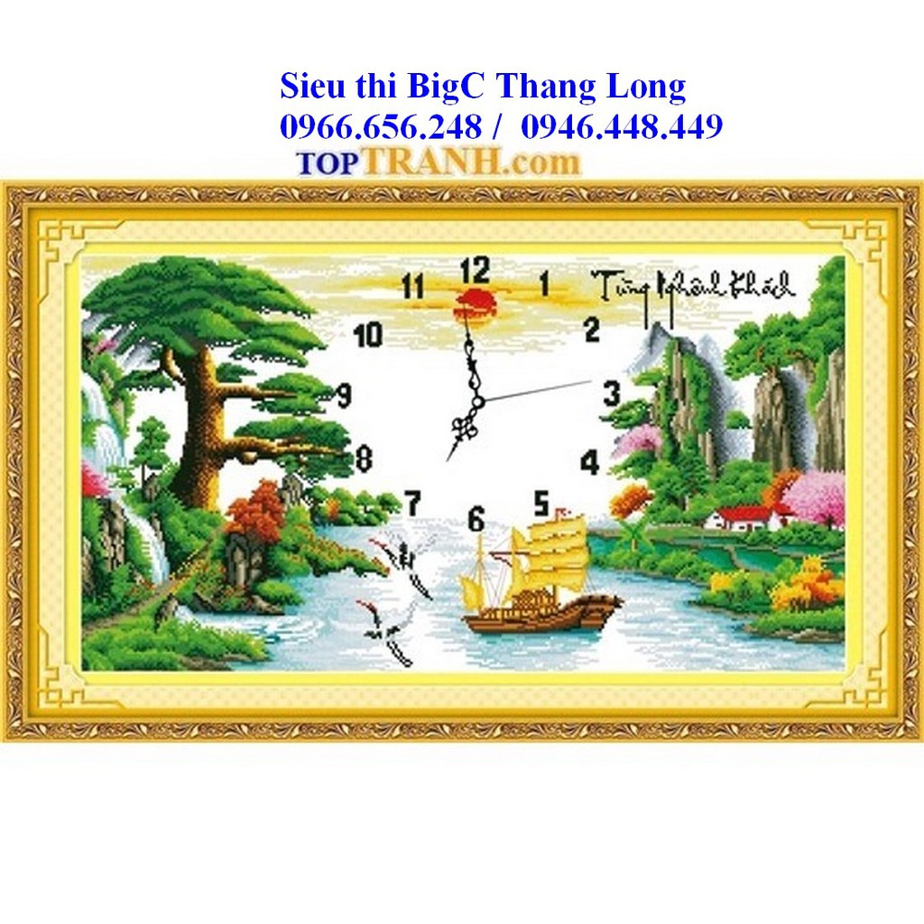 tranh thêu chữ thập đồng hồ phong cảnh Tùng nghênh khách 222726 (chưa thêu)