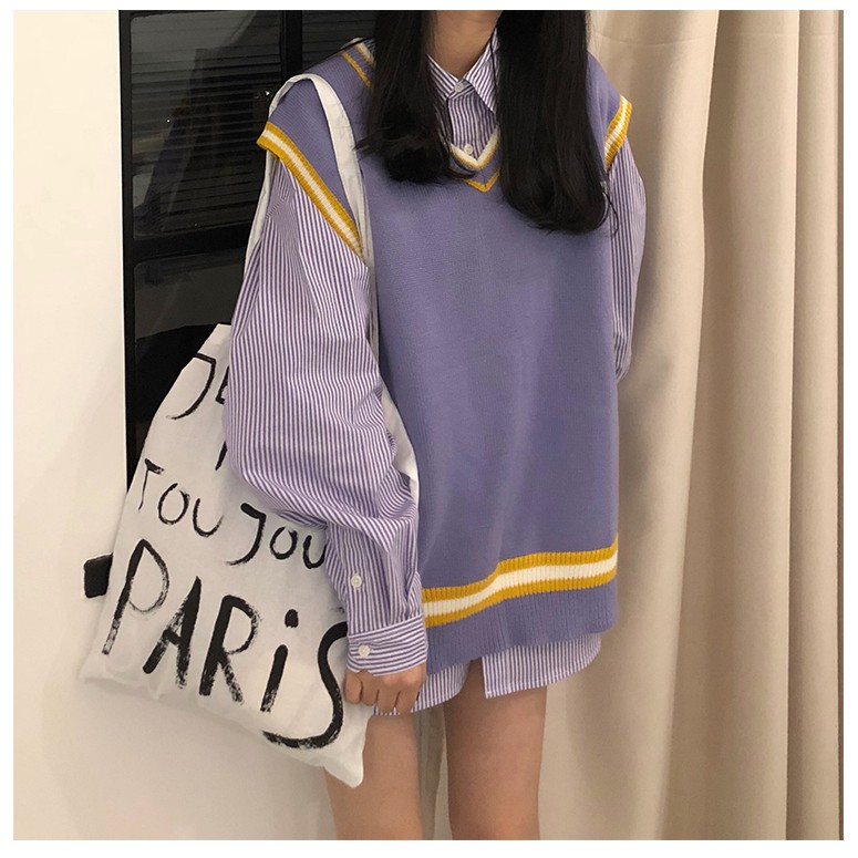 áo len nữ form rộng áo sweater gile nữ form rộng thời trang unisex ulzzang hàn quốc du lịch đi học phối áo đồng phục | BigBuy360 - bigbuy360.vn