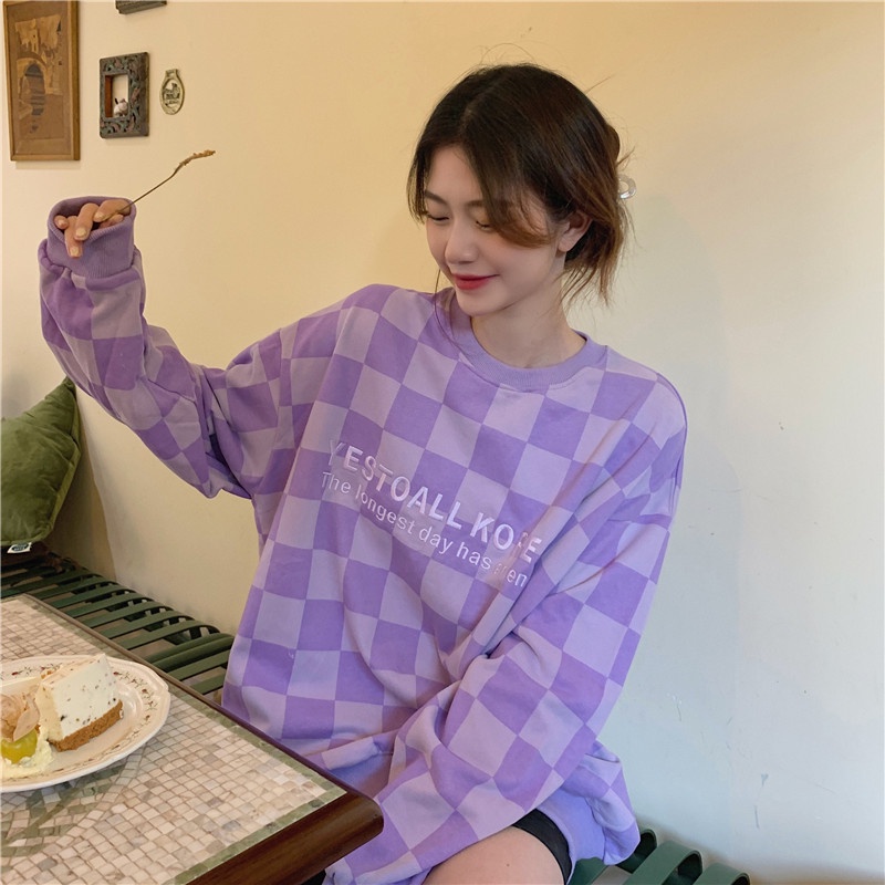 Áo sweater tay dài dáng rộng sọc ca rô phối màu sắc tương phản trẻ trung thời trang dành cho nữ | BigBuy360 - bigbuy360.vn