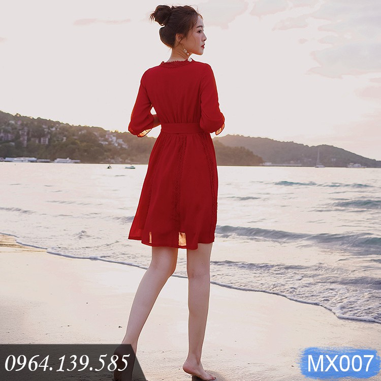- Váy maxi đi biển dài tay dáng lửng, cổ chữ V, lưng dây nơ điệu đà, thích hợp du lịch, đi biển | MX007