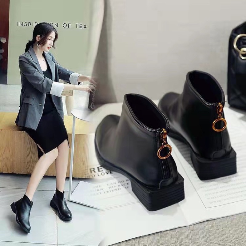 Giày bốt nữ da trơn cổ ngắn mũi nhọn, gót vuông có khóa sau sành điệu G30 | WebRaoVat - webraovat.net.vn
