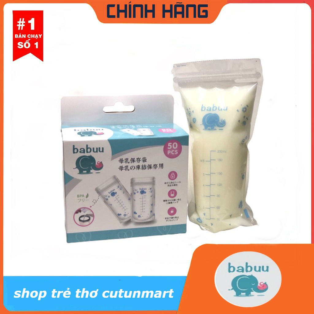 Hộp 50 túi trữ sữa Babuu Baby Nhật Bản hộp 50 chiếc dung tích tối đa 250ml - Tặng 01 bút ghi chú