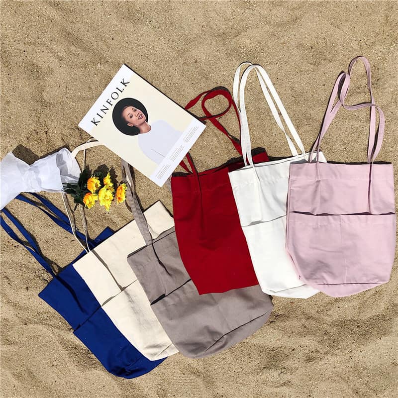 Túi Tote Túi Vải Nữ Canvas đeo vai Trơn đơn giản trẻ trung kèm 2 ngăn phụ