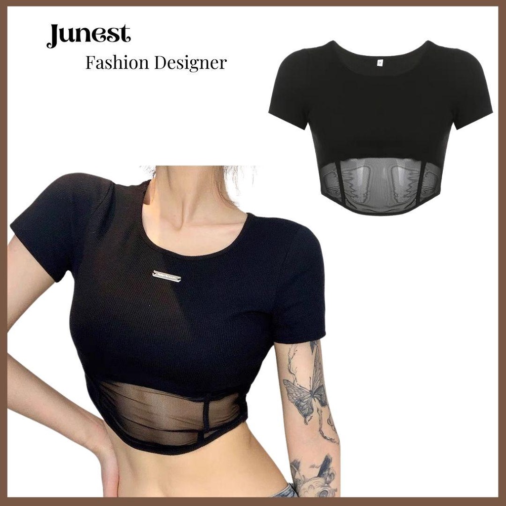 Áo thun tay ngắn Junest dáng croptop phối lưới xuyên thấu ATPL03