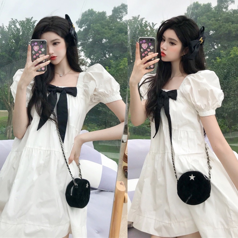 Váy Babydoll Nữ Mellystore ,Váy Trắng Tiểu Thư Xoè Cổ Vuông Đính Nơ,Chất Thô Mềm Xếp Tầng Phong Cách Hàn Quốc