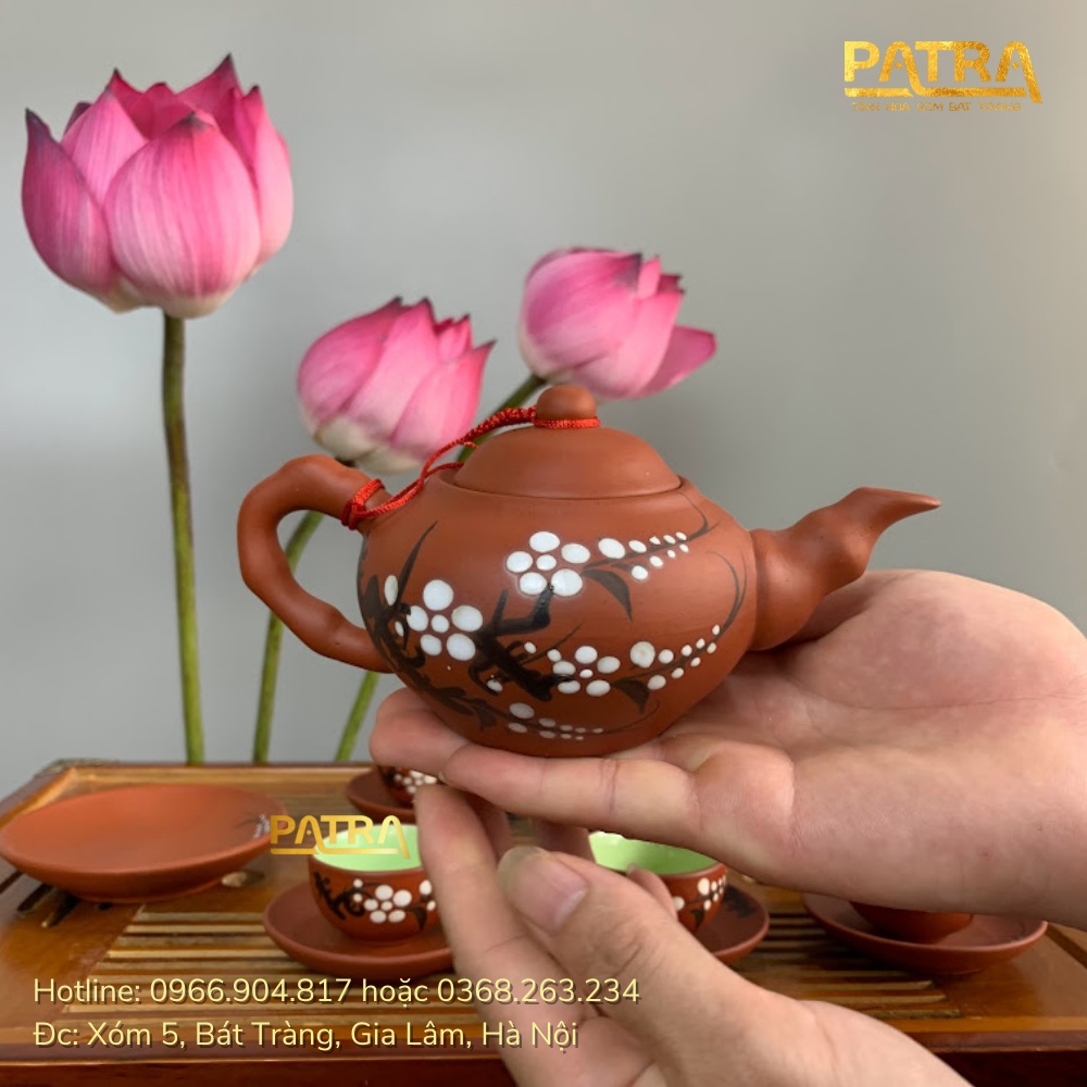 Bộ ấm chén uống trà cao cấp , bộ ấm trà Bát Tràng - trường sa hoa mai trắng