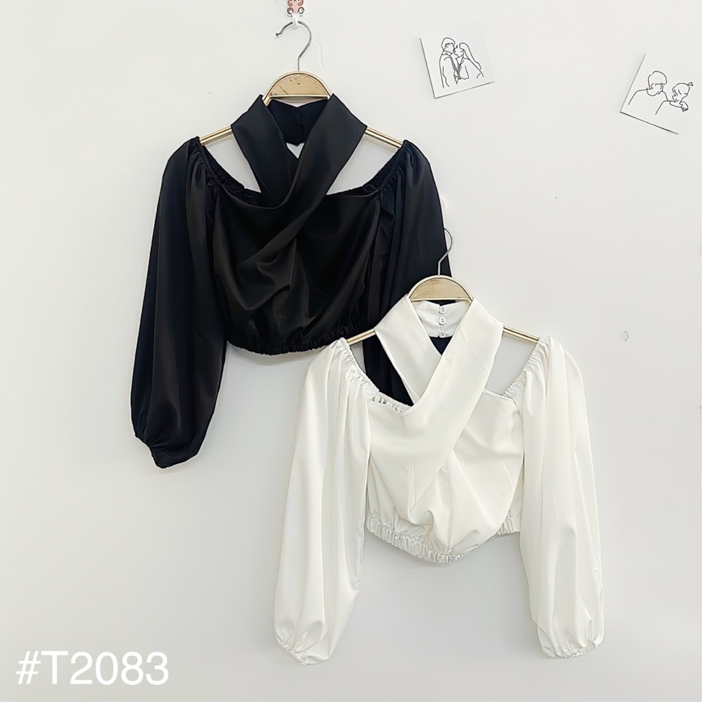 Áo trễ vai croptop kiểu nữ tay dài thiết kệ độc lạ hở lưng quyến rũ freesize màu trắng và đen THEA TOP