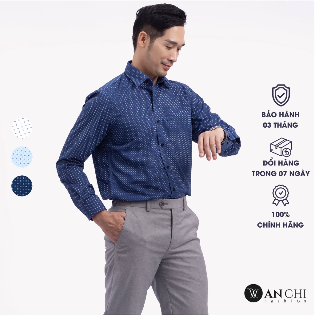 Áo Sơ Mi Nam Dài Tay Trung Niên ANCHI Hoạ Tiết Chấm Bi Xanh Than Cao Cấp