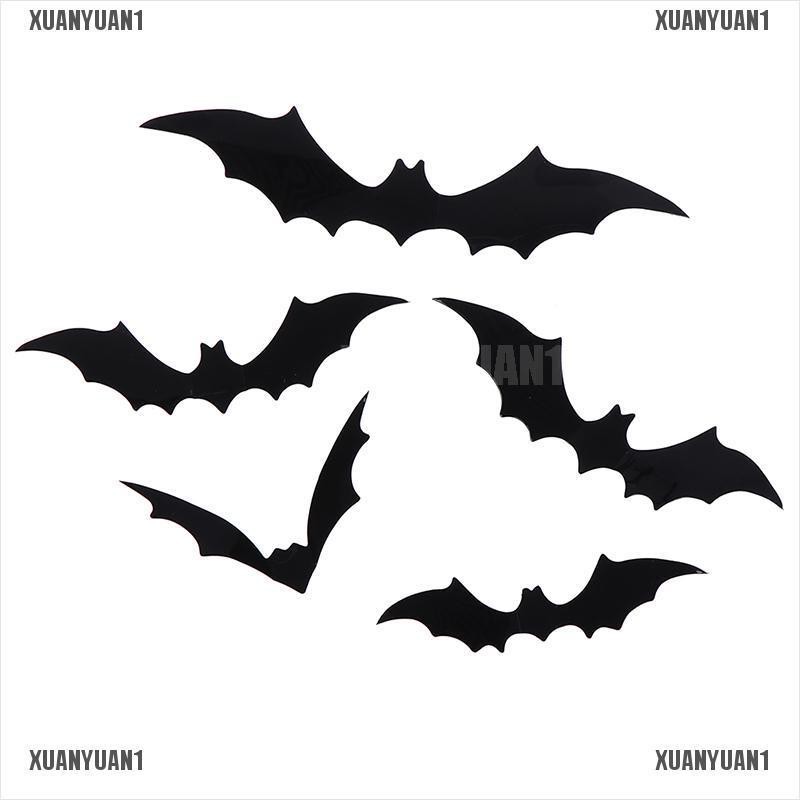 Set 12 Sticker Dán Tường Hình Dơi 3D Bằng PVC Màu Đen Phong Cách Halloween Tiện Dụng