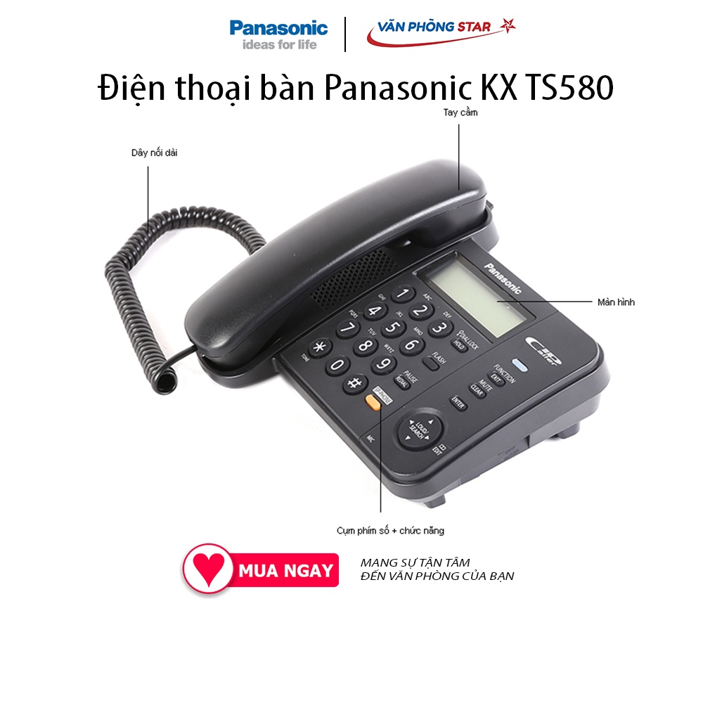 Điện thoại bàn Panasonic KX TS580 Màn hình LCD hiển thị số gọi đến, gọi đi. Nhớ được 50 số gọi đến và 20 số gọi đi