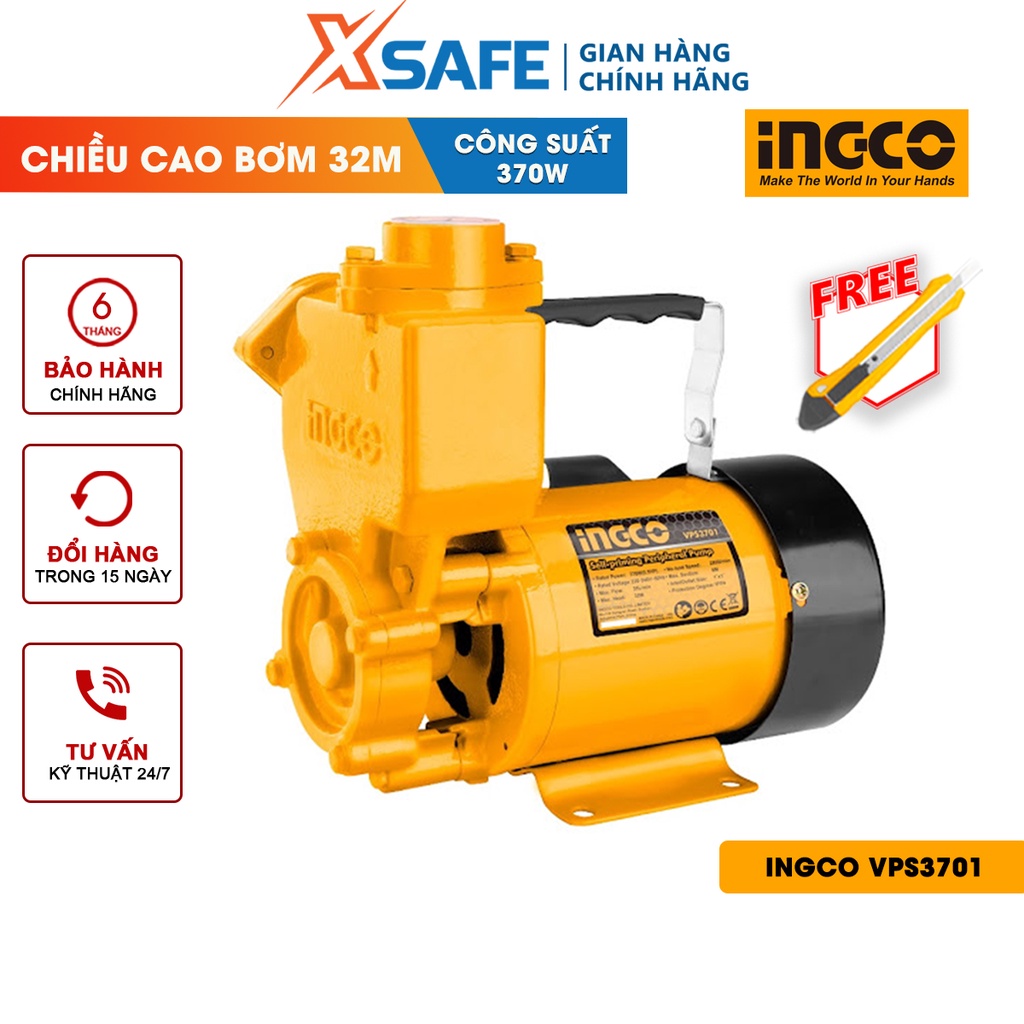 Máy bơm nước INGCO VPS3701 -Công suất 370W(0.5HP), chiều cao bơm 32m, độ hút sâu 8m, mô tơ dây đồng tăng áp lực [XSAFE]