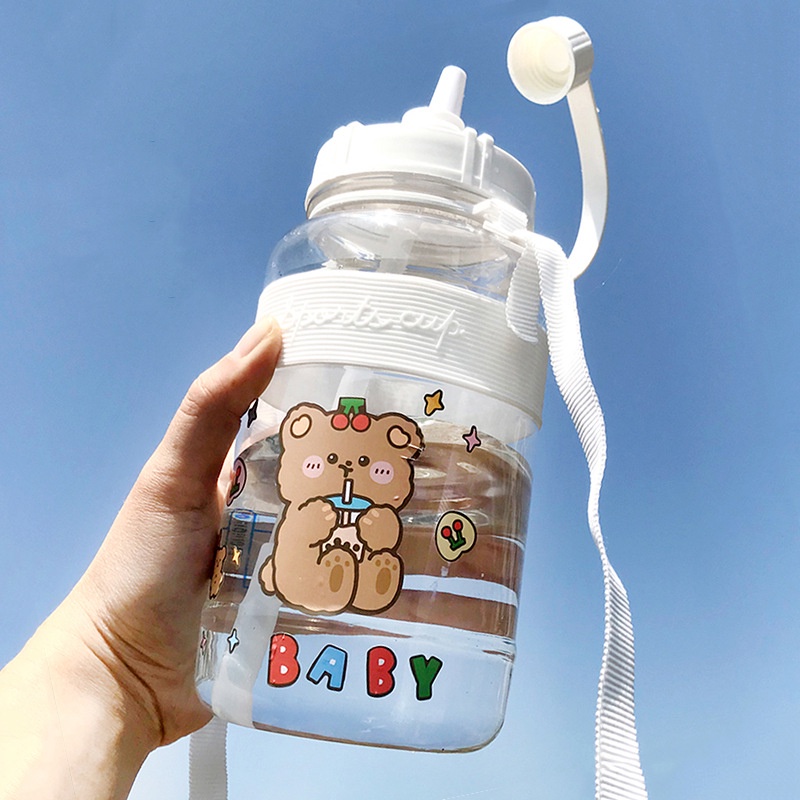 Bình nước dung tích lớn 1L / 2L có ống hút + nhãn dán + dây đeo xinh xắn tiện lợi