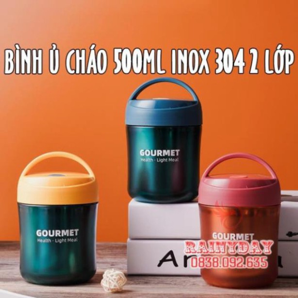 Bình ủ hộp đựng ủ cháo giữ nhiệt cho bé inox 2 lớp cao cấp dung tích 500ml có quai kèm muỗng