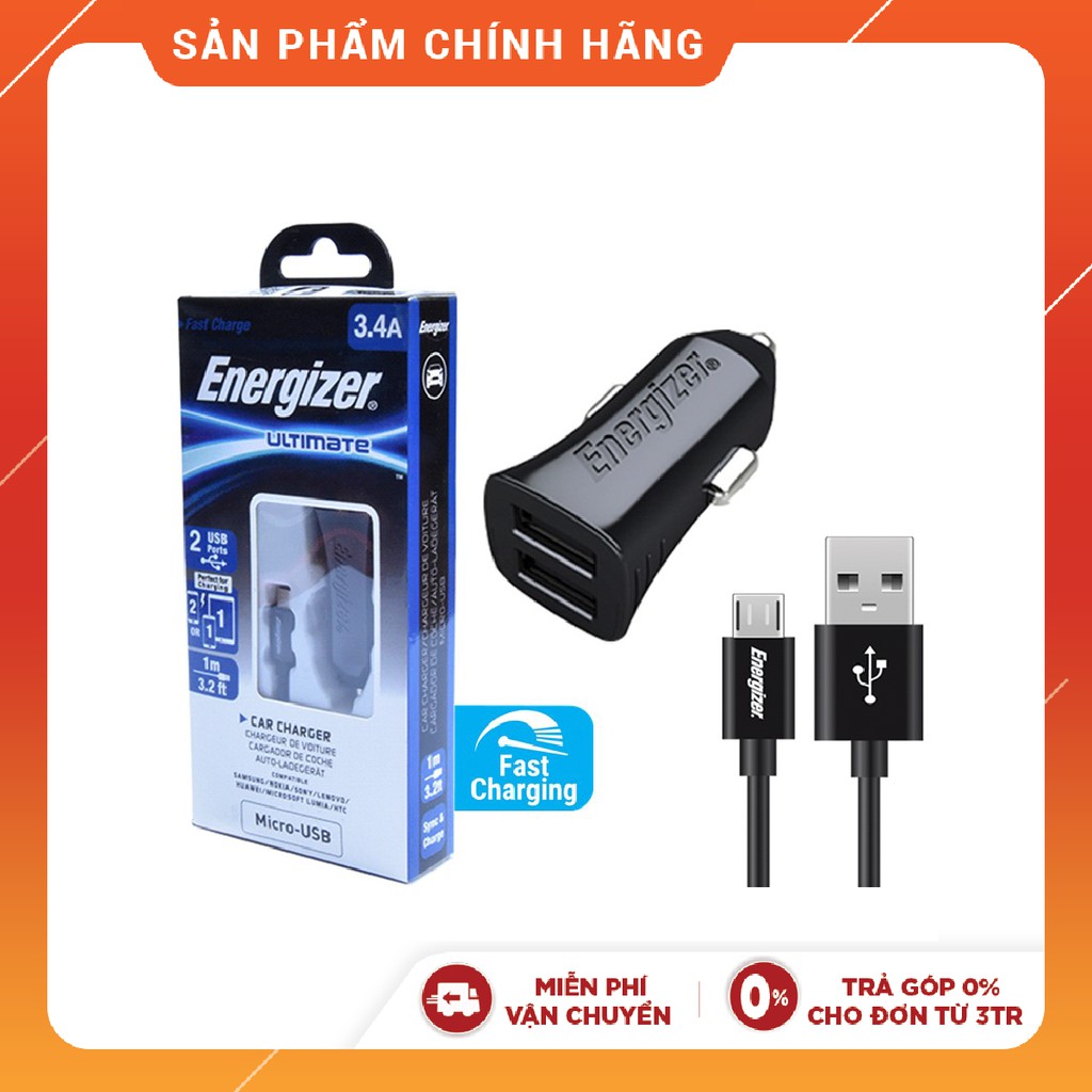 [Mã ELDTR40 giảm 7% đơn 299K] Bộ Sạc Ô Tô Energizer 3.4A 2 Cổng USB - Kèm 1 Cáp Micro USB DCA2CUMC3 (Black)