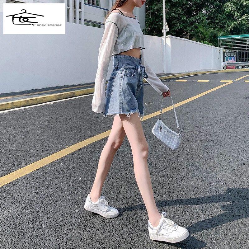 Quần Short Denim Lưng Cao Ống Rộng Phong Cách Nhật Bản Thời Trang Mùa Hè Hàng Mới