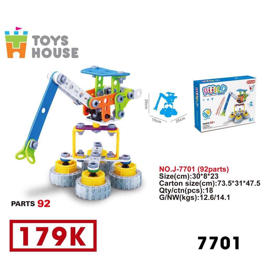 Đồ chơi giáo dục Stem - lắp ghép phát triển kỹ năng Build&Play mô hình cần cẩu xây dựng 92 chi tiết Toyshouse J-7701