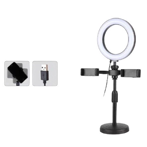 Đèn livestream để bàn 2 kẹp điện thoại cao cấp, vòng led 16cm 3 màu ánh sáng, Đèn livestream bán hàng đa năng