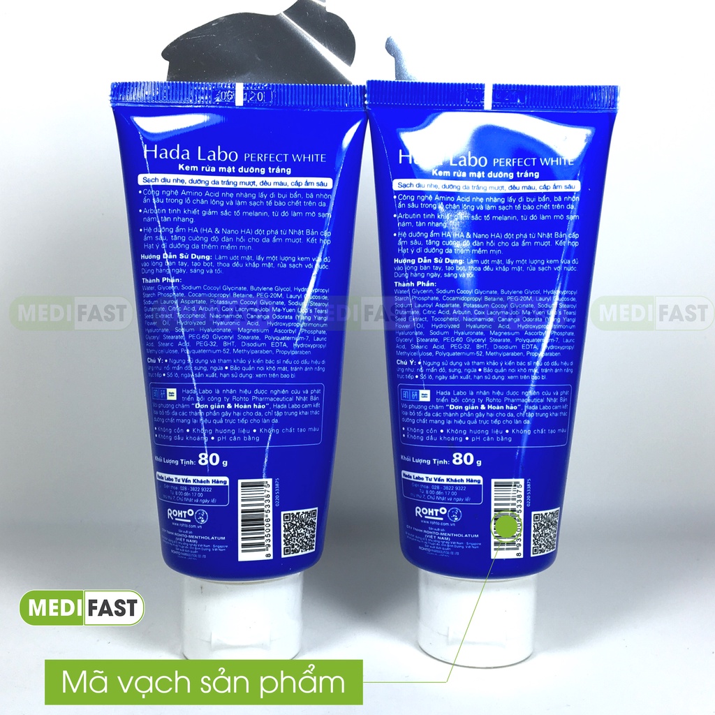 Sữa rửa mặt dưỡng trắng da HadaLabo tuýp 80g - Kem rửa mặt Dưỡng da trắng mịn, ẩm mượt - Sạch sâu, dịu nhẹ