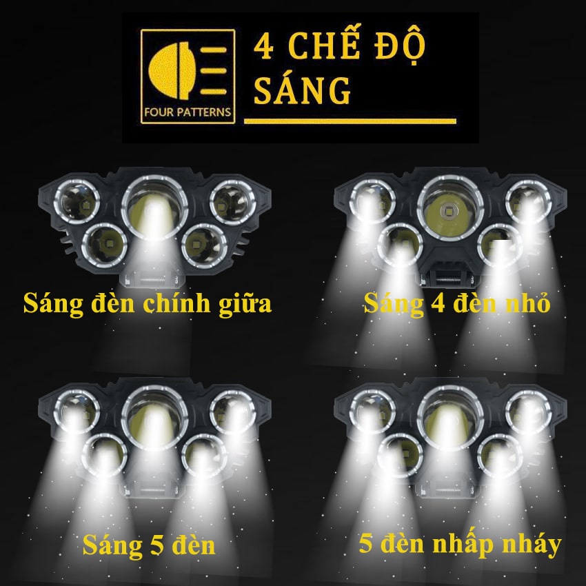 Đèn pin đội đầu 5 bóng LED siêu sáng, 4 chế độ, chống nước, pin dùng 2-3 tiếng, đèn cắm trại, du lịch, leo núi