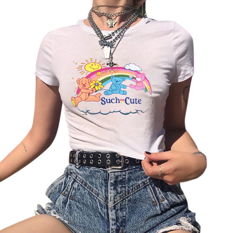 Áo Thun Crop Top Tay Ngắn Cổ Tròn In Họa Tiết Hoạt Hình Gấu / Hoa Cúc / Bướm Màu Cầu Vồng Thời Trang Mù