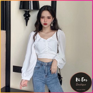 Áo sơ mi nữ tay dài cổ chữ V kiểu Hàn Quốc