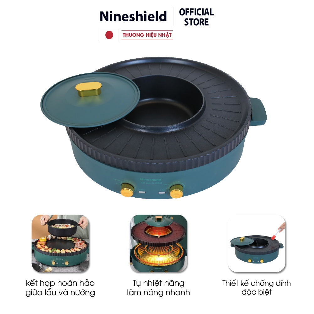 Bếp nướng điện Nineshield KB518 loại to 51cm - Bếp lẩu nướng đa năng 2 trong 1 tiện lợi - Chống dính - Hàng chính hãng