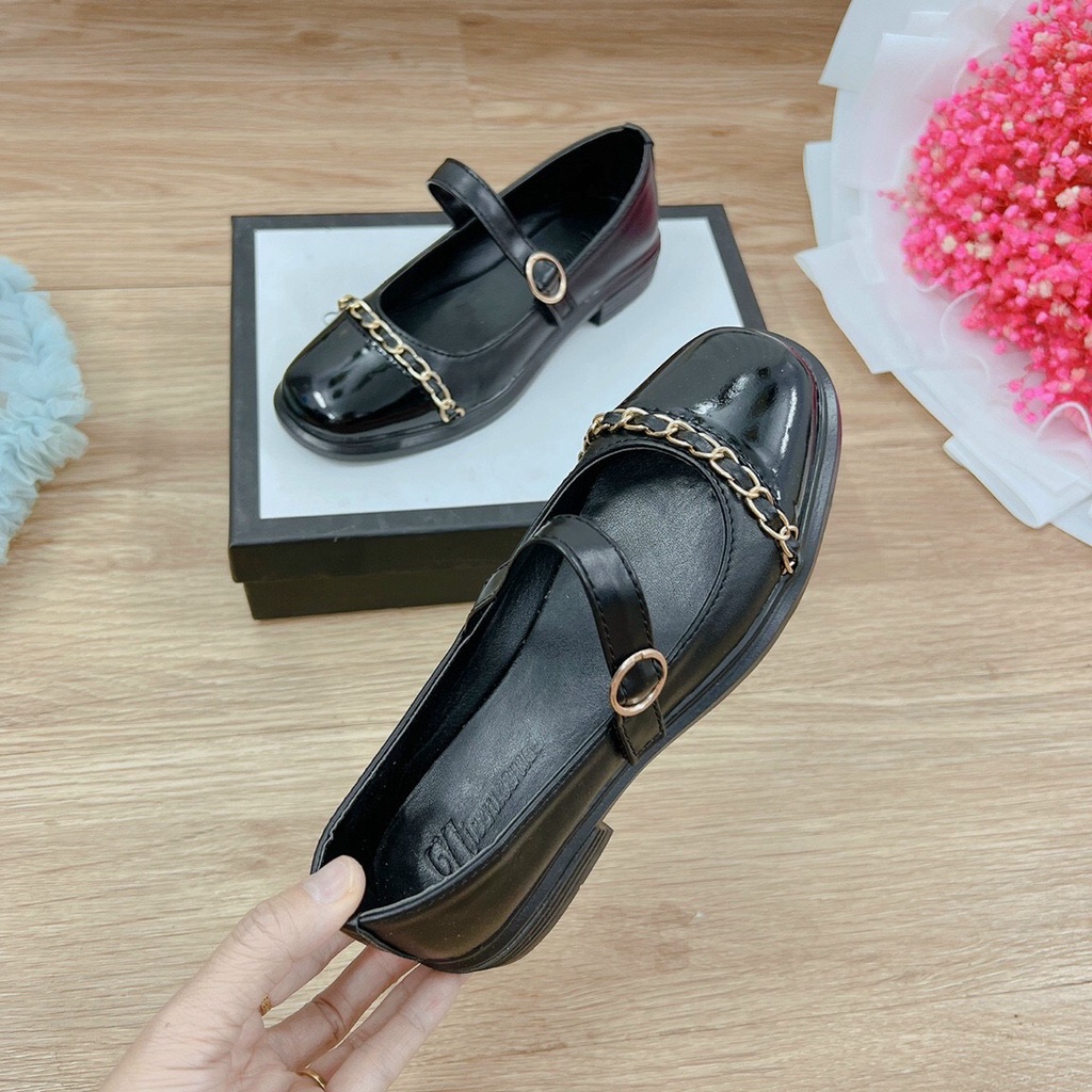 Giày búp bê nữ chất da bóng phối xích xinh xắn mã K01