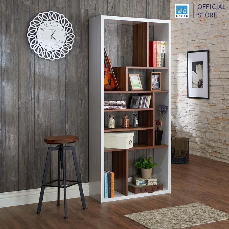 Kệ Sách Gỗ SIB Decor Nhiều Ngăn Màu Trắng Phối Vân Gỗ Nâu Đẹp Tinh Tế Và Hiện Đại, Để Sách Vở, Tranh Ảnh