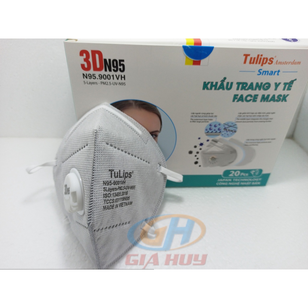 (Có Van Thở) Hộp 20 Chiếc Khẩu Trang N95 Tuylip chống bụi mịn và tránh lây bệnh hô hấp