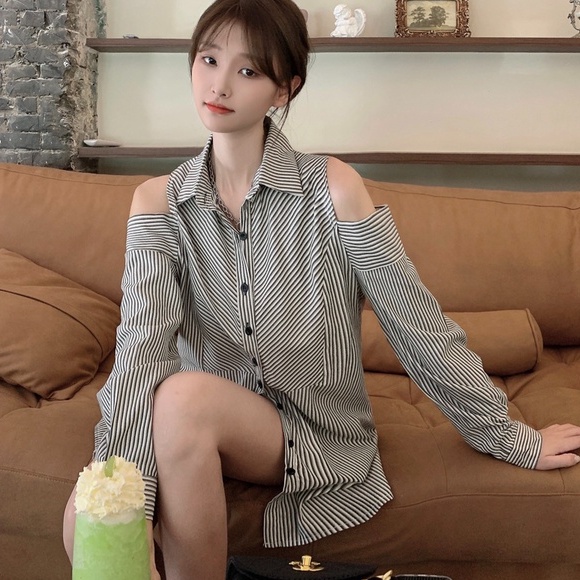 ZHELIHANGFEI Áo Sơ Mi Dài Tay Trễ Vai Họa Tiết Sọc Thời Trang Dành Cho Nữ