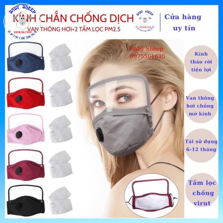 (Tặng 2 tấm lọc PM2.5) Khẩu trang vải có kính che giọt bắn chống dịch và van thông hơi, chống bụi mịn cao cấp