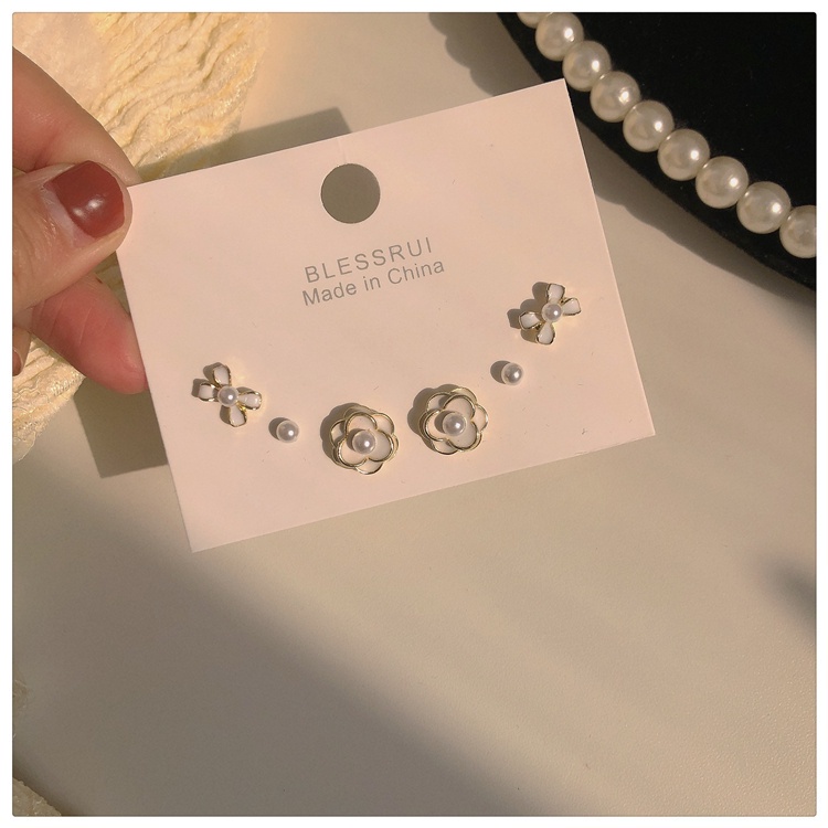 IF ME Bộ 3 Đôi Khuyên Tai Đính Ngọc Trai Và Nơ Hoa Trà Thiết Kế Tinh Tế Cho Nữ