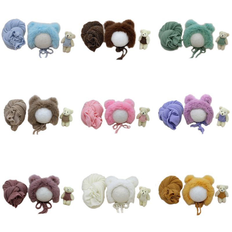 3 Pcs/set Newborn Photography Props Fluffy Stretch Knit Wrap with Cute Rabbit