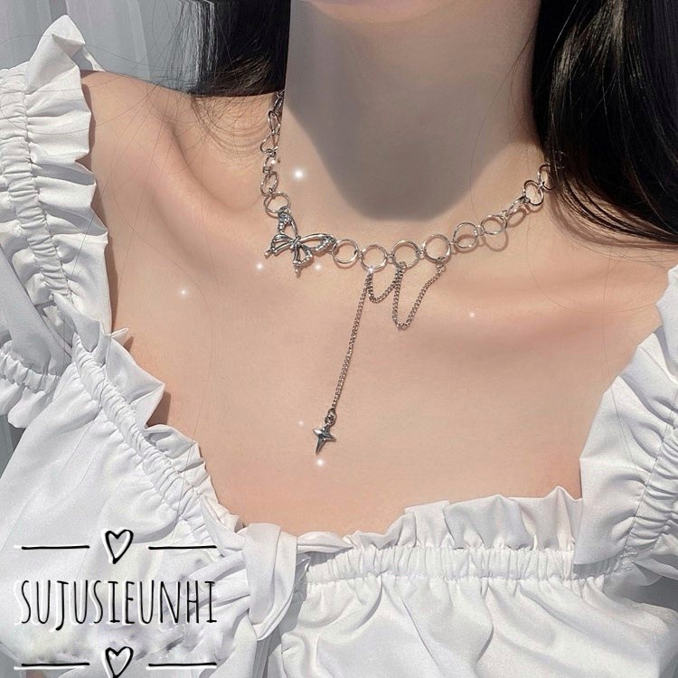 (2 mẫu)vòng cổ choker mặt tròn gắn bướm,chữ thập kèm chain