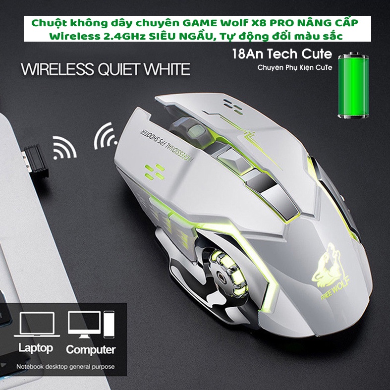 Chuột Máy Tính Không Dây chuyên GAME Wolf X8 PRO NÂNG CẤP Wireless 2.4GHz Siêu Víp NEW Tự động đổi màu sắc