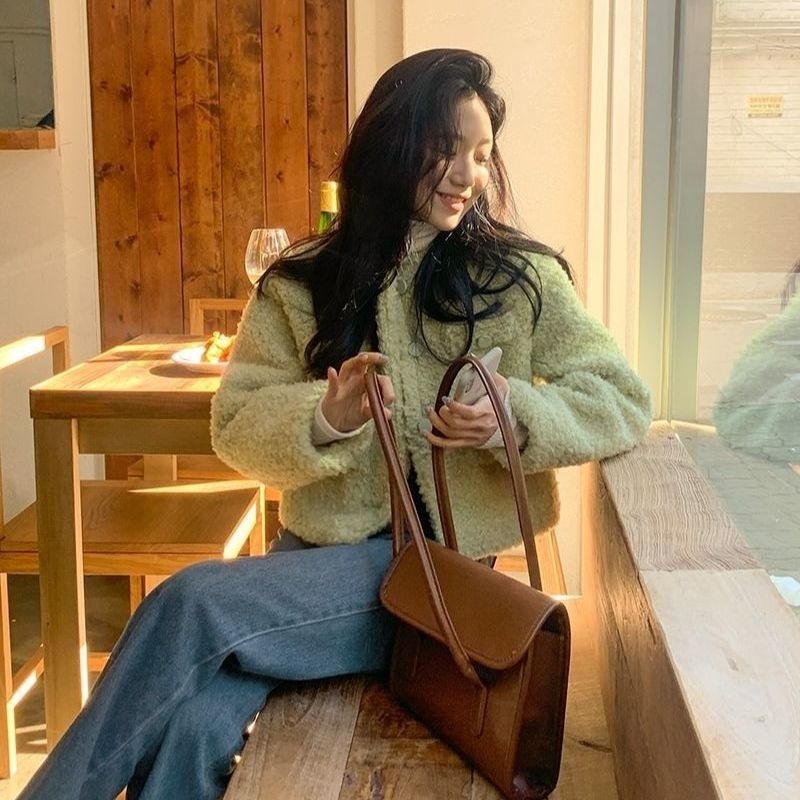 Áo khoác Cardigan vải lông cừu dáng rộng ấm áp thời trang cho nữ