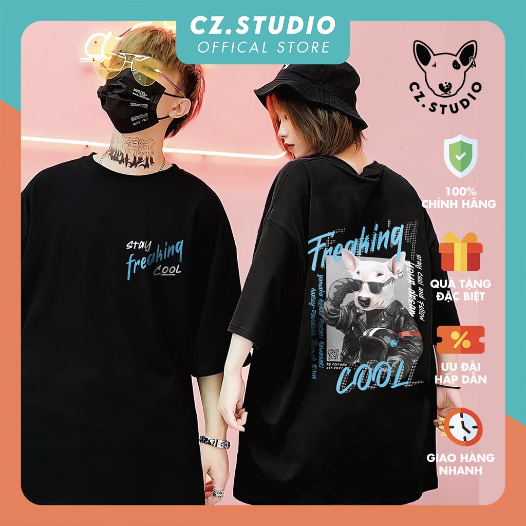 Áo thun đen Unisex Cổ tròn Tay lỡ Form Rộng Cún Chó Bull Terrier Freaking Cool CZ STUDIO