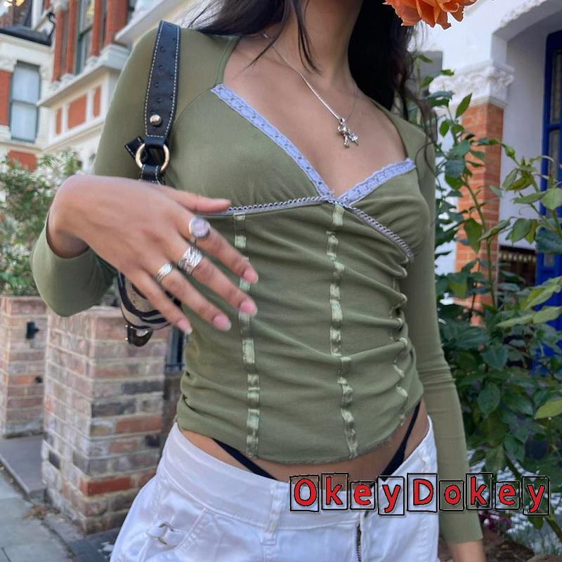 Áo Crop Top Tay Dài Cổ Chữ V Phối Ren Thời Trang Đường Phố Cho Nữ