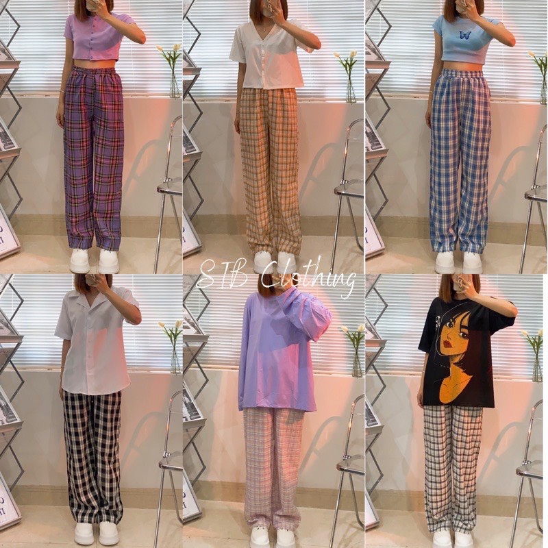 Quần caro ống rộng nữ quần kẻ sọc ống suông nhiều màu phong cách ulzzang SIB036