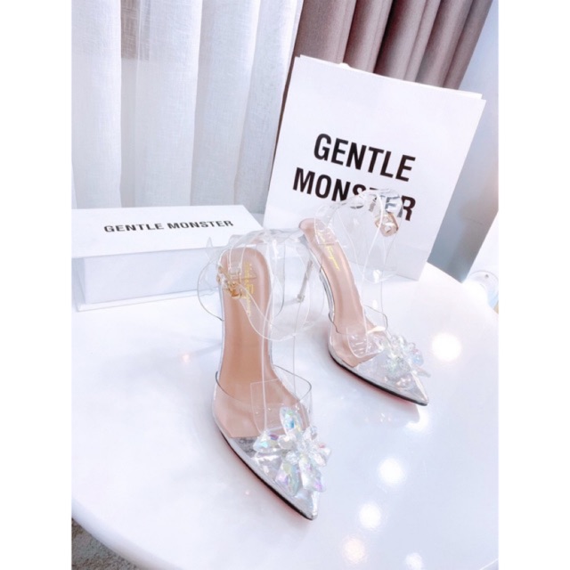 Giày Cưới HALEY STORE cao gót  nhọn 9cm quai trong suốt hoa đá pha lê bít mũi nhọn đi tiệc cô dâu sang chảnh