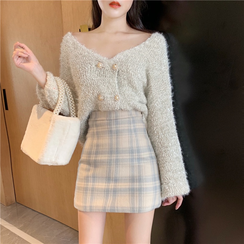 🍥🤍 Chân Váy Dạ Len Kẻ Sọc Lưng Cao Ôm Sát Hông🍥🍥