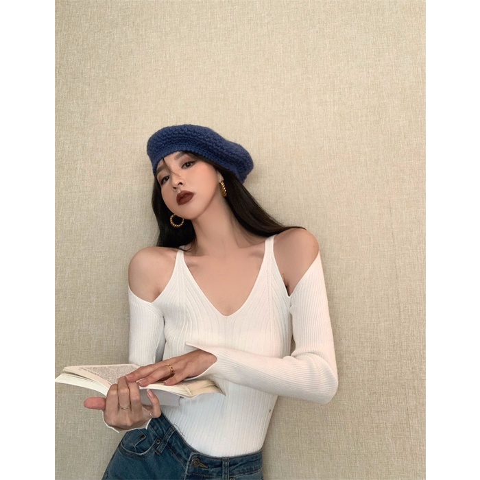 QKOOLE  Áo crop top Nữ Tay Dài Trễ Vai Quyến Rũ