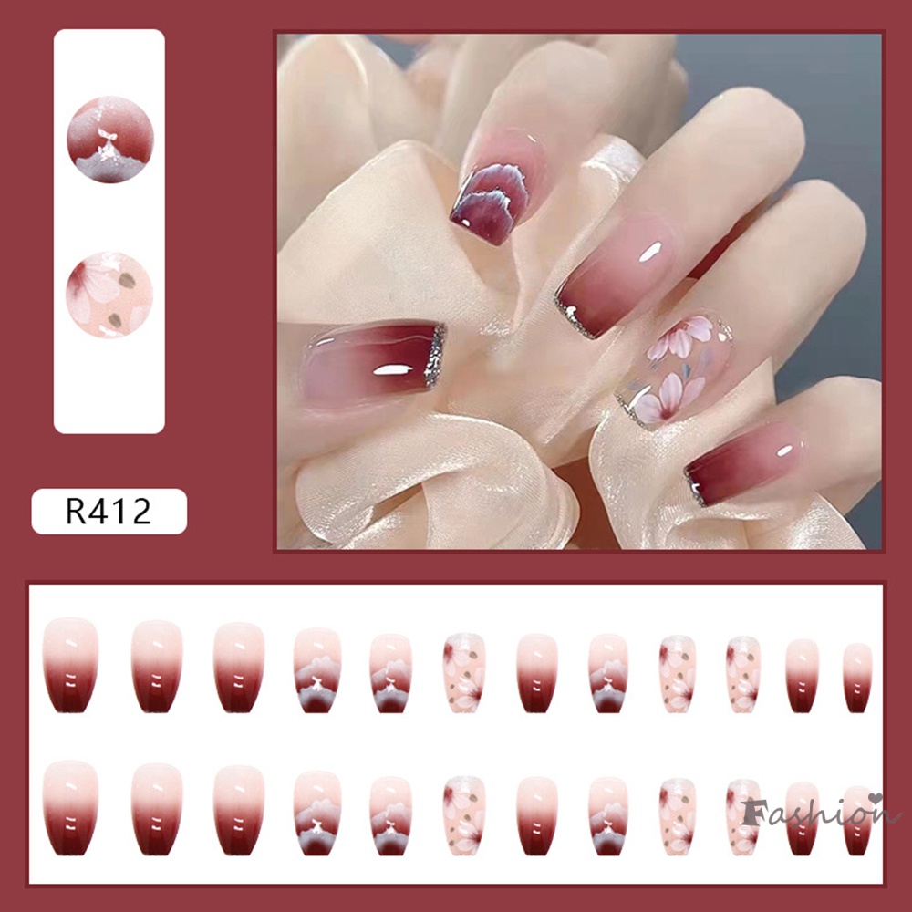 Bộ 24 Móng Tay Giả Màu Đỏ Gradient Có Thể Tháo Rời Che Phủ Toàn Diện
